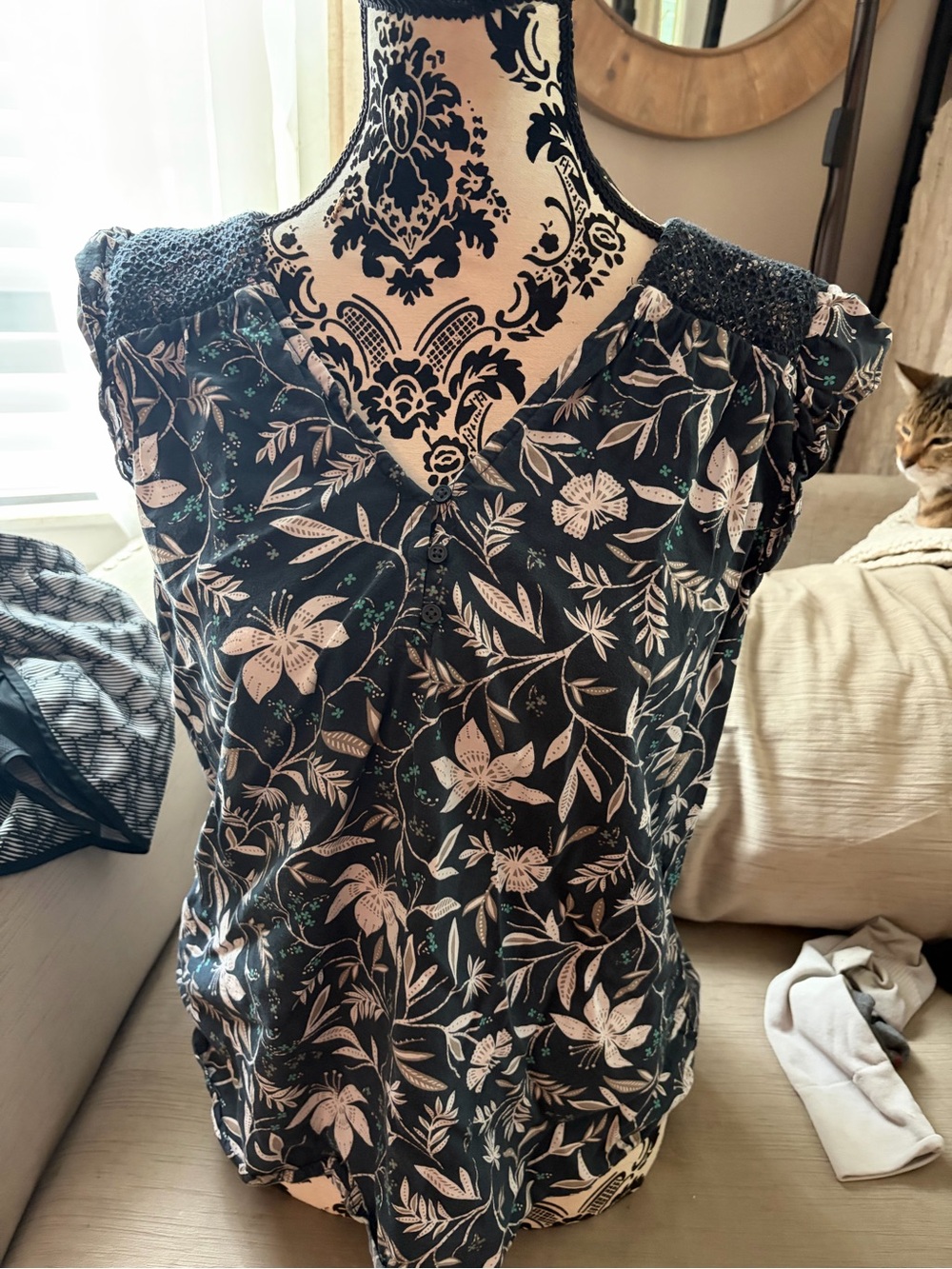 LOFT Navy Floral Smocked Shoulder Camisole